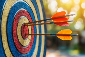 A colorful target with arrows hitting the bullseye, symbolizing precision and success, set against a blurred backdrop with room for text, ideal for motivational content