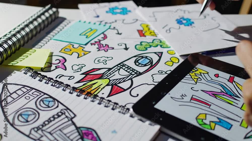 Poster Notebook drawings of business startup, growth and finance concept with a digital tablet displaying colorful infographic charts, slow motion