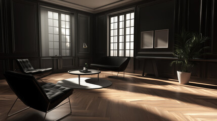 Vintage Modern Living Room Featuring Natural Wood Flooring and Muted Charcoal Walls, Creating an Elegant and Minimalist Setting with Sleek, Understated Furniture to Provide a Calm and Open Space