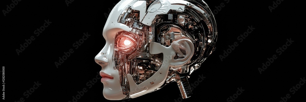 Poster cybernetic head profile showcasing futuristic design with glowing robotic eye and intricate mechanic