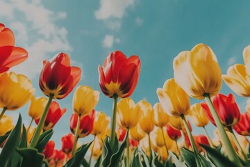 Fototapeta premium Red and Yellow Tulips Blooming Under a Blue Sky