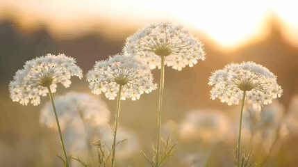 Fototapeta premium A patch of Queen Anne's Lace flowers in full bloom, creating a delicate white tapestry in a sunny meadow