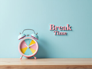 Retro Alarm Clock on Wooden Surface with \"Break Time\" Pastel Text