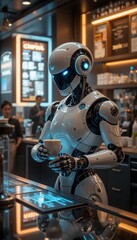 Futuristic robot barista serving coffee in a sleek urban caf&eacute; during the busy morning rush