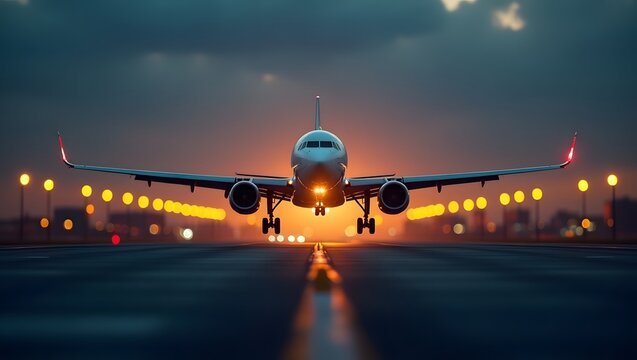 A plane taking off from a well-lit runway and with a cloudy background. 