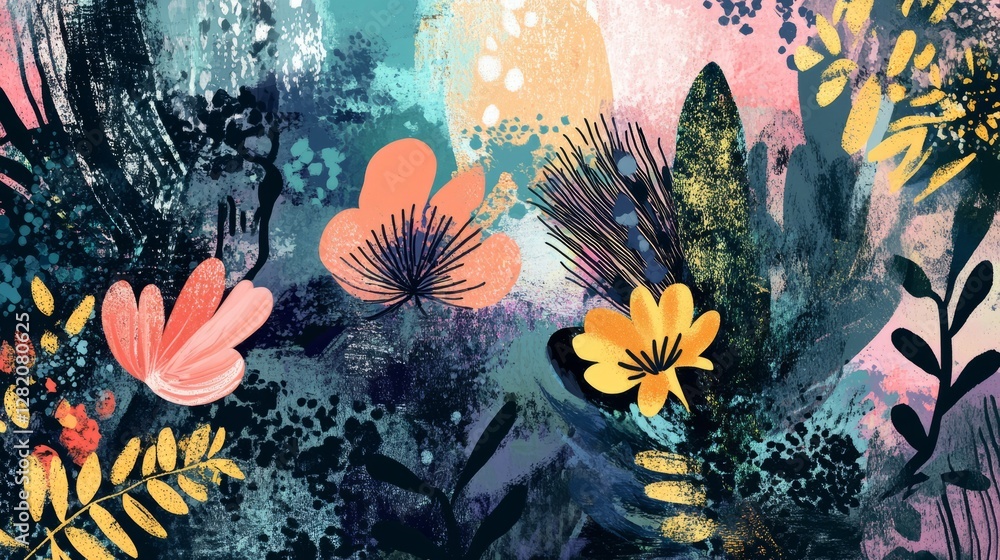 Wall mural abstract botanical motifs with intricate patterns, artistic and vibrant composition, textured and ra