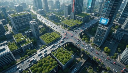 Obraz premium Urban landscape showcasing a bustling intersection with modern architecture and lush greenery in a vibrant city