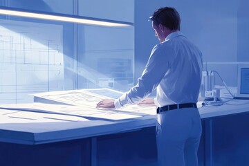 A man meticulously reviews architectural blueprints, illuminated by a soft light, showcasing meticulous planning and design.