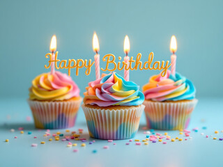 "Happy Birthday Cupcake Celebration – Colorful Frosting with Lit Candles and Sprinkles on a Light Blue Background"