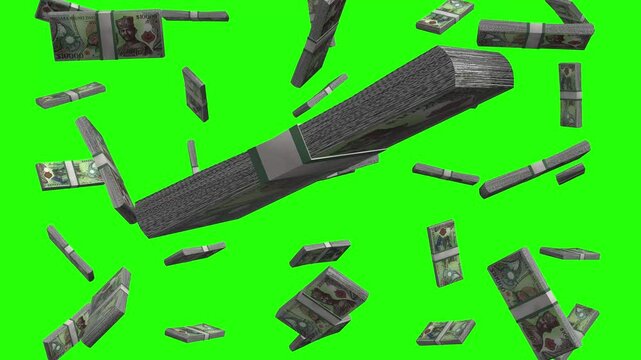 Brunei Dollar Falling Animation Stacks Of Money on Green Screen