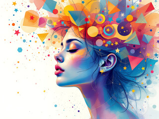 Burst of Creativity - Vibrant Geometric Shapes Emanating from Abstract Human Head