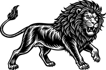 Obraz premium lion in a powerful pouncing position, with a flowing mane, drawn in an engraving style sketch engraving vector