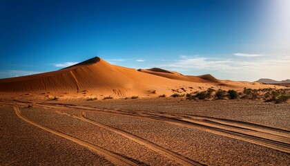 majestic dune against azure sky dark soil crown gravel terrain with vehicle tracks endless brown land evokes nature s grandeur
