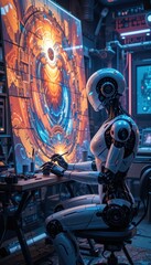 Fototapeta premium A futuristic robot artist creates vibrant cosmic artwork in a high-tech studio full of glowing screens and artwork