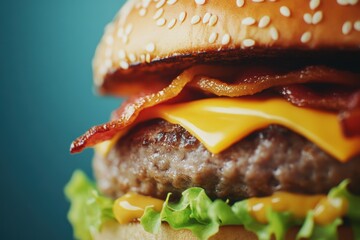 Close-Up of Overloaded Burger with Layers of Fresh Ingredients
