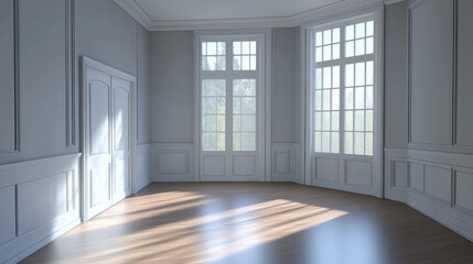 Fototapeta premium Vintage Modern Living Room with Polished Wooden Floors and Light Gray Walls, Providing an Uncluttered and Serene Space with Minimalist Design, Perfect for Showcasing Contemporary Home Decor