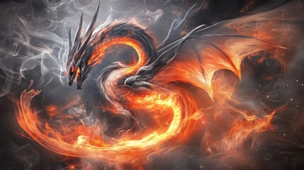 Abstract dragon of molten lava and smoke, powerful and mystical, radiating fiery energy