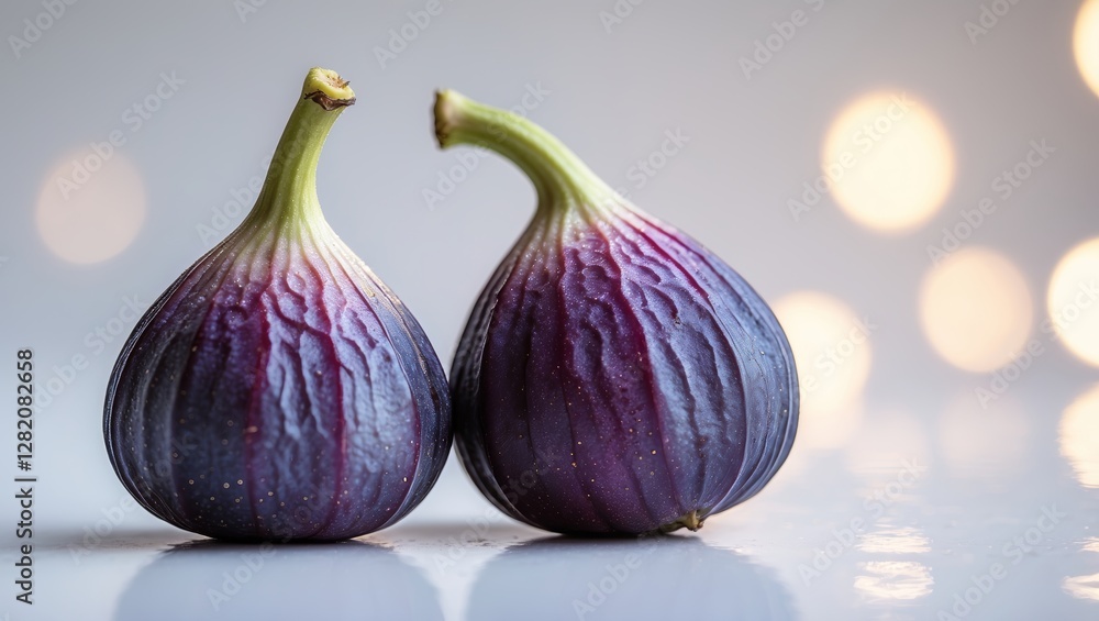 Aufkleber two ripe figs sit on a reflective surface with soft bokeh lighting in the background during a bright