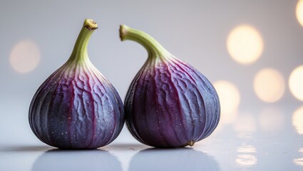 Obraz premium Two ripe figs sit on a reflective surface with soft bokeh lighting in the background during a bright afternoon