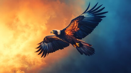 Fototapeta premium Abstract eagle with glowing gradient wings, soaring across sunset sky, blending warm orange and deep blue