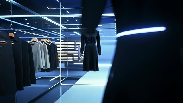 Futuristic Fashion, Digital Dress Display in a Modern Virtual Clothing Store