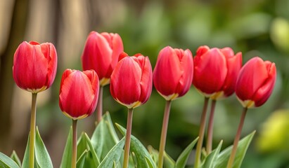 Fototapeta premium Vibrant Red Tulips Blooming In Garden Row