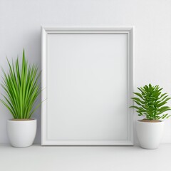 White Frame Mockup With Green Plants On White Wall