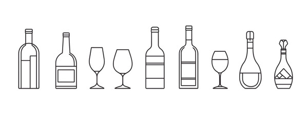 Flat linear icons set of wine bottles and glasses - vector style.
