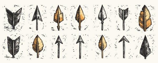Flat linear arrowheads icons set with feathers and spearheads.