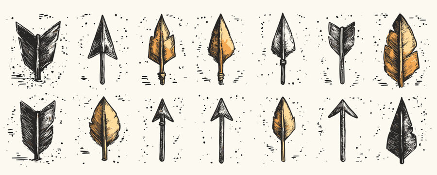 Flat linear arrowheads icons set with feathers and spearheads.