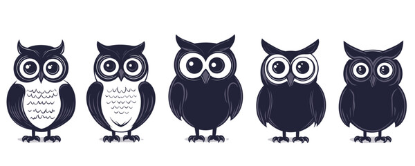 Flat linear icons set of cute owls in vector style.