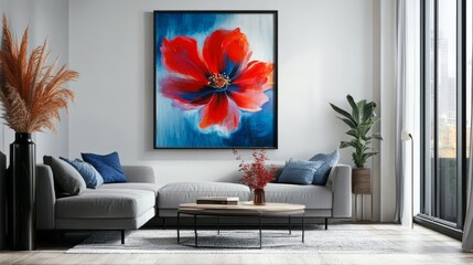 abstract floral motifs with bold red and blue accents, artistic and dynamic composition, textured and radiant design, bold and modern tones