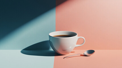 Coffee cup with a spoon on a minimalistic background in contrasting colors and shades