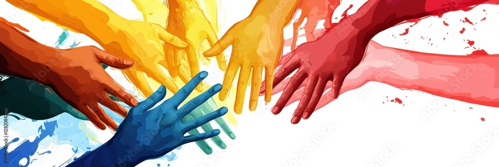 Poster symbolic illustration representing unity and support through diverse interconnected hands in vibrant