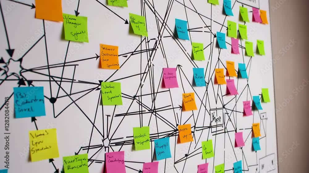 Aufkleber Colorful sticky notes gradually populate a whiteboard, creating a complex business plan or strategy in slow motion, providing a visual representation of project development