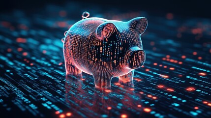 A futuristic piggy bank made of glowing binary code, symbolizing digital finance and cryptocurrency.