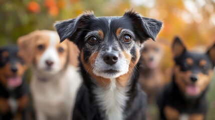Close-up of black and tan dog with blurred background of other rescued dogs. Celebrating World Spay Day and promoting pet adoption, neutering and responsible pet ownership
