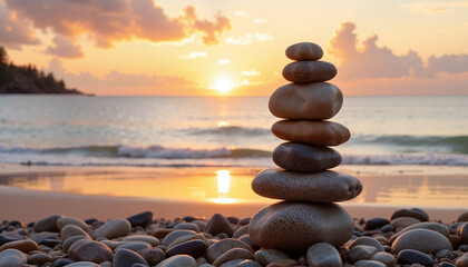 Stacked smooth stones on a beach at sunset, symbolizing balance and tranquility, copy space