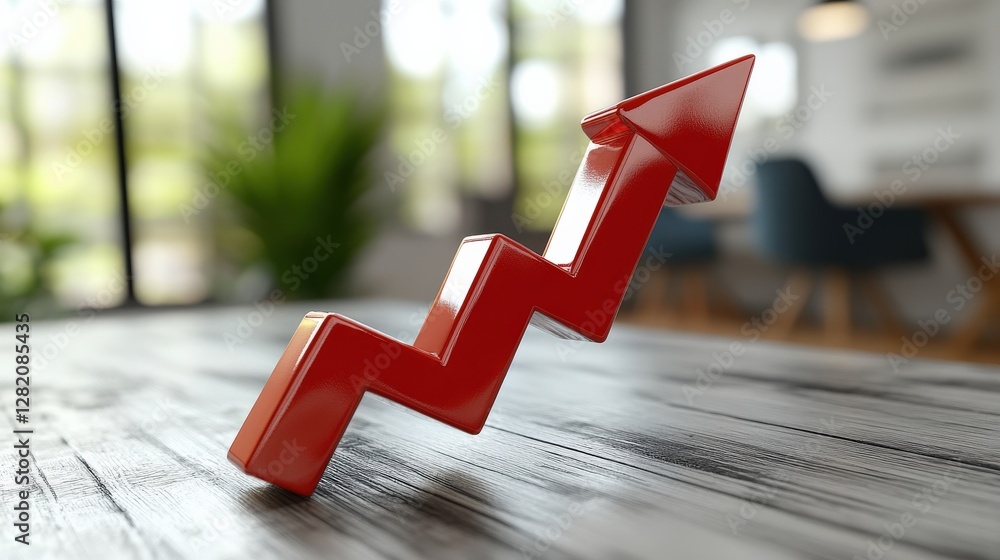 Poster red arrow symbolizing growth and progress on a wooden table in a modern office setting