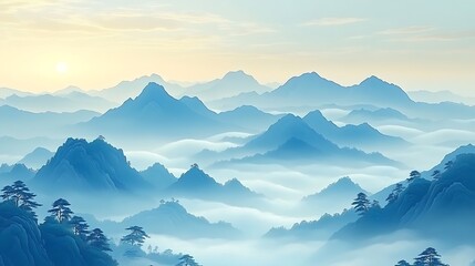 Fototapeta premium Mist filling a mountain valley with clouds swirling overhead, casting soft shadows on the ridgelines.