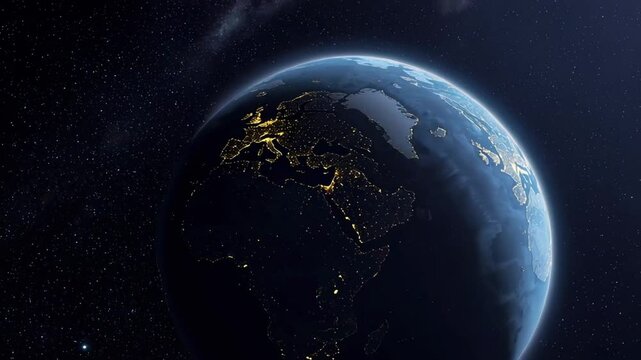 Rotating planet earth revealing continental city lights against dark oceanic expanse, starry cosmic backdrop highlighting global nighttime illumination and planetary movement