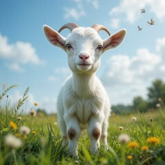 Fototapeta premium Cute baby goat in a meadow with blue sky, butterflies, and flowers. Generative AI