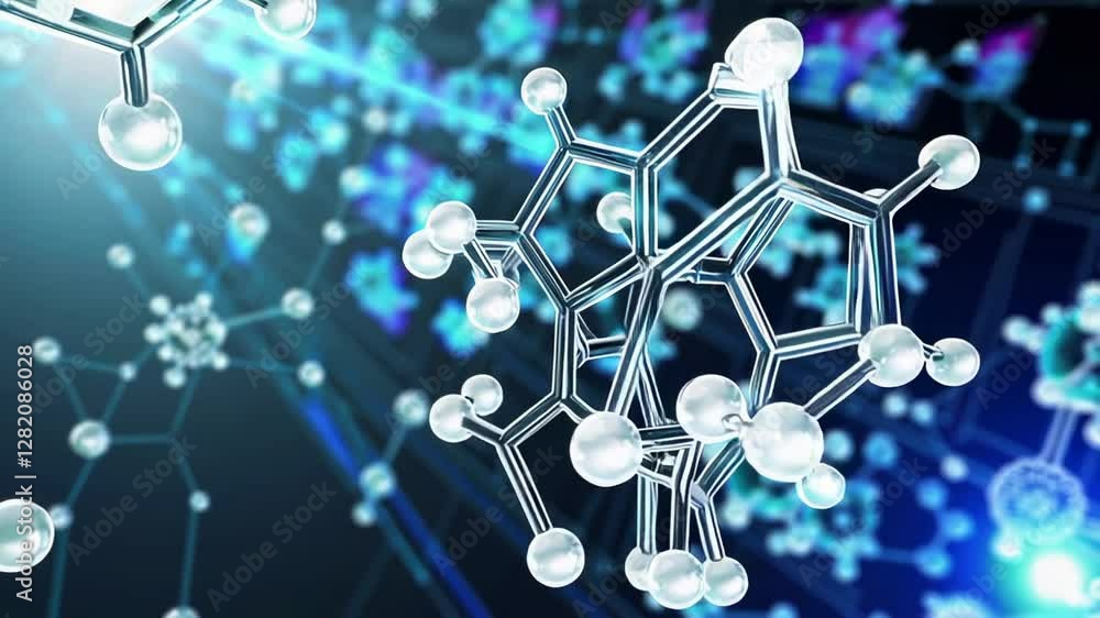 Aufkleber multiple metallic molecular structures rotating slowly against a dark blue background with other mol