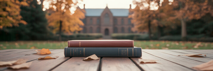 Books on wooden table against blurred architectural backdrop with autumn leaves evoke academic charm and serene scholarly atmosphere. Outdoor setting.