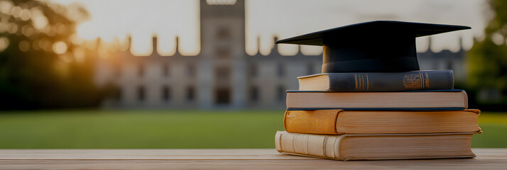 Graduation Cap atop a stack of books against a college campus background symbolizing academic achievement, learning, and the pursuit of knowledge.
