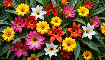 Colorful assortment of vibrant flowers blooming in a lush garden with copy space