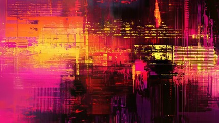 abstract glitch patterns with neon hues, dynamic and artistic composition, textured and futuristic design, bold and radiant tones