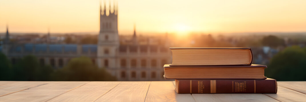 Stack of books on a table against a sunset backdrop. Evokes academic study and a contemplative mood.  Golden hour lighting adds warmth.