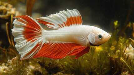 Obraz premium Ornamental fish, betta splendens, aquarium, lush underwater environment. Possible use Pet store advertising, educational materials