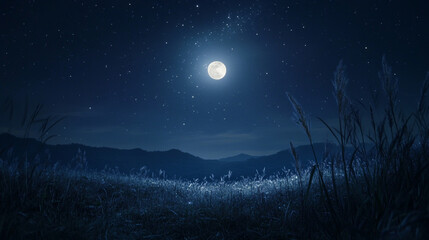 Moonlit landscape illuminates tranquil night in the mountains under a starry sky